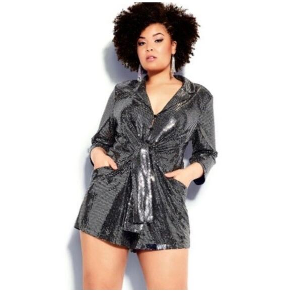 City Chic Sequin Sparkle Romper Playsuit Shorts Black Silver Plus Size 14 - Picture 2 of 9